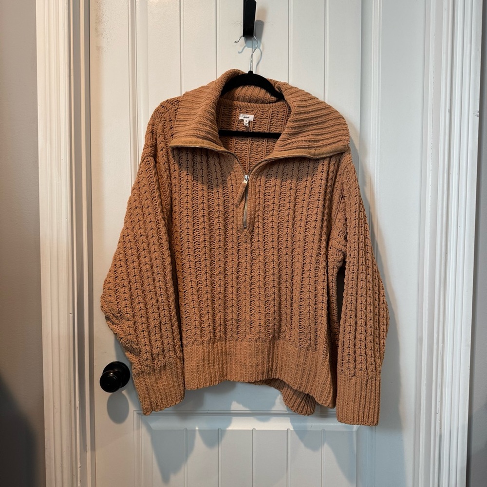 Aerie Women's Tan Quarter Zip-Up Cable knit Sweater
